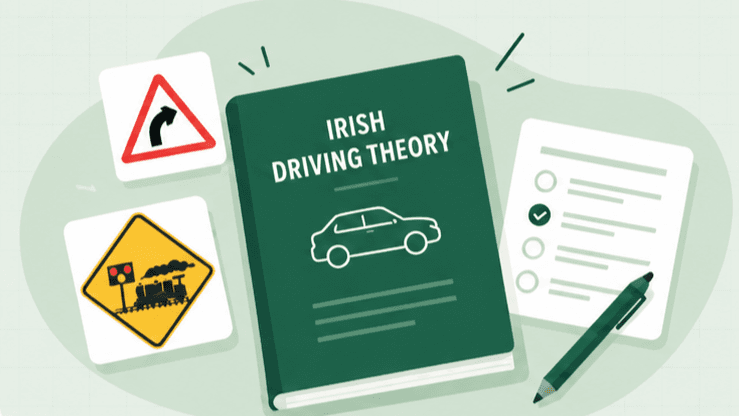 Illustration of an Irish driving theory book, road signs and a practice checklist