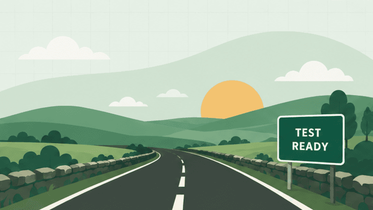 Illustration of an Irish road with a Test Ready sign