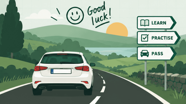 Illustration of a car on an Irish country road with Learn, Practise and Pass signs