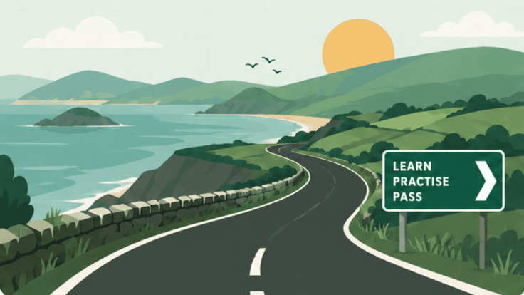 Illustration showing learn, practise and pass for Irish driving theory preparation